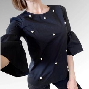 NEW a.n.a Black Bell Sleeve Blouse w Faux Pearl Embellishments Size L